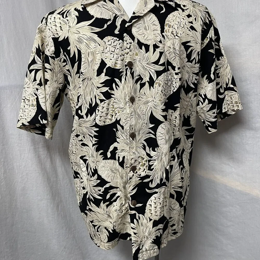 Hilo Hattie Men’s Hawaiian Tiki Shirt Pineapple Black Cream Gold Sz Large